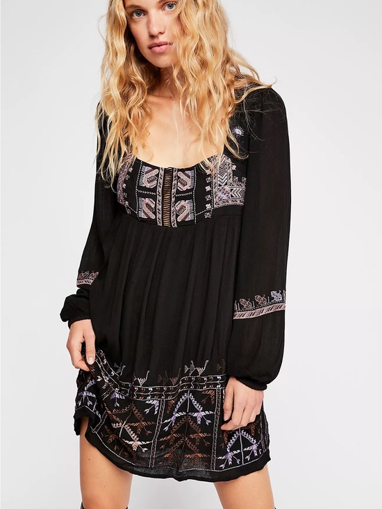 Free People Dresses & Skirts - Free People XS Black Embroidered Boho Mini Dress Tie Back Long Sleeve